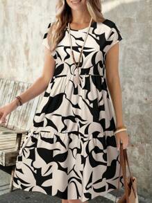 EMERY ROSE Geometric Print Short Sleeve Round Neck Casual Everyday Mini Dress For Women, Spring/Summer - Black - View 5