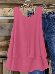 SHEIN LUNE Plus Size Women's Sweet Vintage Ruffled Hem Camisole For Beach Vacation, Spring/Summer - Pink - View 2