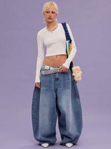 COUREZ 低腰宽松牛仔裤，浅蓝色水洗，街头休闲，Y2K风格，休闲音乐节风格，棉质牛仔布，复古棉质