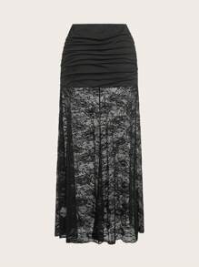 Glamine 蕾丝拼接修身半身裙，日常休闲装 - 黑色 - 查看 2