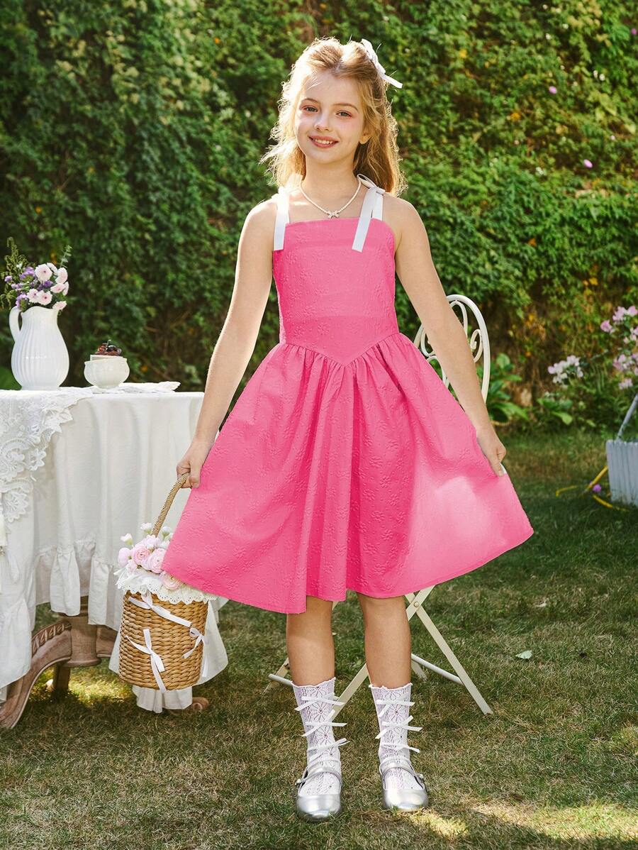 Tween Girl Elegant Minimalist Jacquard Texture Fabric Ribbon Bow A-Line Strap Dress, Suitable For Summer & Spring Wear, Suitable For Outings, Dates, And Vacations - Hot Pink - View 1