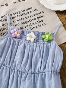 LMoss Kids LMoss  Young Girl Plain Fabric Pleated 3D Floral Camisole Romper  Suitable For Spring And Summer - Baby Blue - View 4