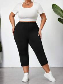 SHEIN CURVE+ 黑色开衩七分紧身裤，休闲弹力腰日常弹力打底裤，大码女式毕业季/女式毕业季/白色毕业季/毕业季。 - 黑色 - 查看 4