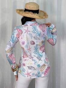 Breezaya 女士休闲贝壳图案衬衫+印花不对称下摆半身裙