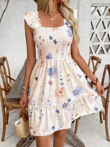 Breezaya 女式花卉印花休闲直筒连衣裙，配有飘袖，度假海滩装 - 杏色 - 查看 5