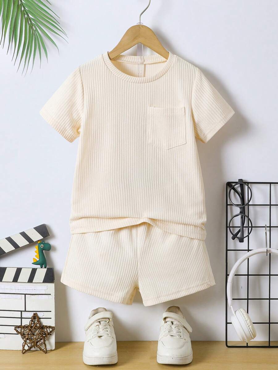 SHEIN Bộ 2 áo thun tay ngắn cổ tròn màu trơn cho bé trai và quần short, trang phục tối giản thời trang cho mùa hè - Màu be - Xem 1