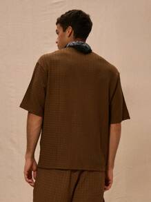 Musero V领提花无领梭织短袖衬衫（仅限衬衫） - 棕色 - 查看 3