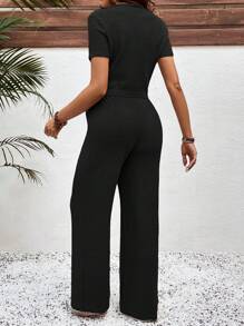 SHEIN 2 Pieces Set Maternity Casual Solid Color Short Sleeve Top And Long Pants - Black - View 2