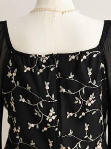 SHEIN WYWH Plus Size Women's Spring Romantic Floral Embroidered A-Line Mini Dress With Bell Sleeve, Vacation-Style - Black - View 4