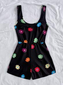 Soleia 全新针织图案印花方领简约连体裤 - 黑色 - 查看 2