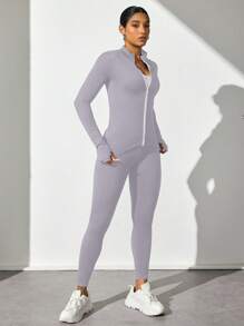 Easithlete Set sport asortat pentru femei, cu mânecă lungă și fermoar, culoare solidă, bluză și pantaloni, seturi de antrenament pentru femei - Multicolor - Vizualizare 4