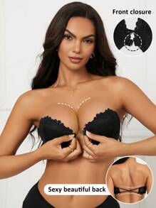 1pc Lace Strapless Front Closure Half Cup Bra, Lift And Support Small Bust, With Underwire, Removable Straps Included, Multi-Wear Way Lingerie - Black - View 4