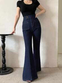 DAZY 女士舒适优雅喇叭裤，夏季新款低腰牛仔裤 - 藍色 - 查看 3