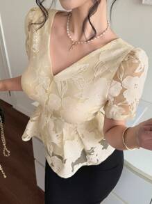 DAZY Blusa elegante de mujer con cuello en V de encaje y mangas abombadas