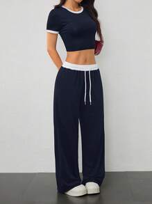 SHEIN PETITE 2件組女款休閒短版上衣，包邊圓領短袖搭配長褲，適合嬌小女性 - 藏蓝色 - 查看 5