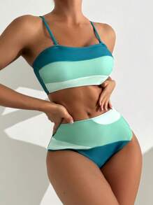 SHEIN Swim Women's Fashionable Vacation Colorblock Detachable Strap Swimsuit Set For Summer - Multicolor - View 4