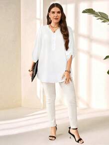 EMERY ROSE Plus Size Women's Purple Red 3/4 Sleeve Shirt, Early Spring - White - View 3