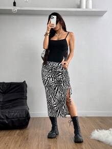 Coolane Women'S Drawstring Pleated Zebra Pattern High Slit Skirt - Black and White - View 5