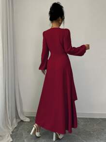 Elenzga Women's Elegant Solid Color Lantern Sleeve Ruffled Hem Dress - Red - View 2