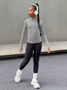 SHEIN Tween 女童休闲纯色修身长袖针织运动休闲夹克 - 灰色 - 查看 4