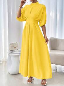 Chiquease 女士优雅圆领宽松纯色灯笼袖腰褶皱连衣裙