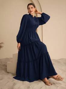 Graceveil Women's Elegant Navy Blue Maxi Dress: Long Sleeve, Shirred Waist, And Tiered Layered Hem - Navy Blue - View 6
