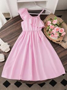 SHEIN Girls Elegant Striped One Shoulder Ruffle Bow Decor Cinched Waist Flared Dress - Multicolor - View 1