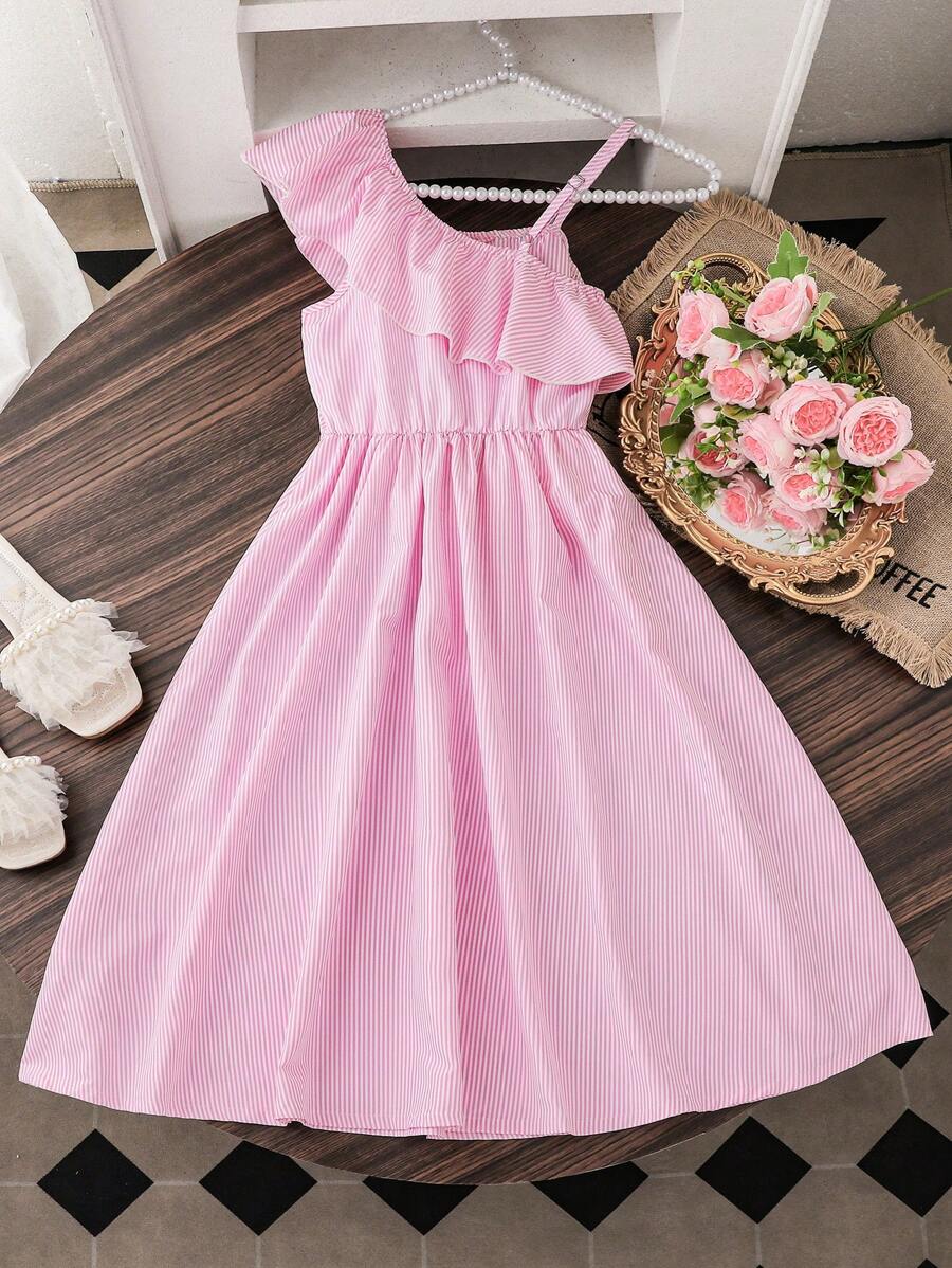 SHEIN Girls Elegant Striped One Shoulder Ruffle Bow Decor Cinched Waist Flared Dress - Multicolor - View 1