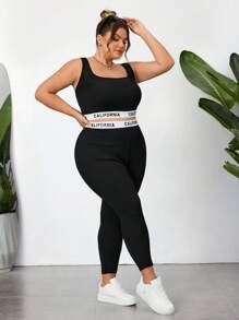 SHEIN CURVE+ Women's Plus Size Black Knitted Sporty Crop Top And Skinny Leggings Two Pieces Set