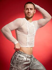 FeverCity Camiseta transparente con aplicaciones de encaje y corte sexy para hombres - Blanco - Ver 3