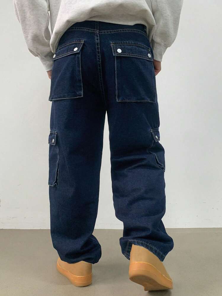 Men's Solid Color Loose Fit Cargo Jeans, Autumn