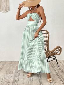 SHEIN VCAY Đầm hở lưng kẻ sọc giản dị cho kỳ nghỉ của phụ nữ - màu xanh lá - Xem 3