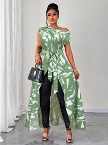 Maweii 大码女式无袖单肩不对称下摆系带性感衬衫 - 綠色 - 查看 3