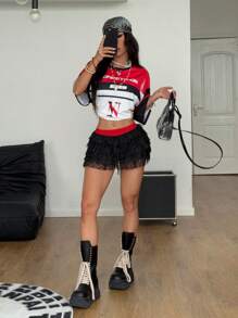 SHEIN EZwear 女士复古网眼蕾丝黑色半身裙