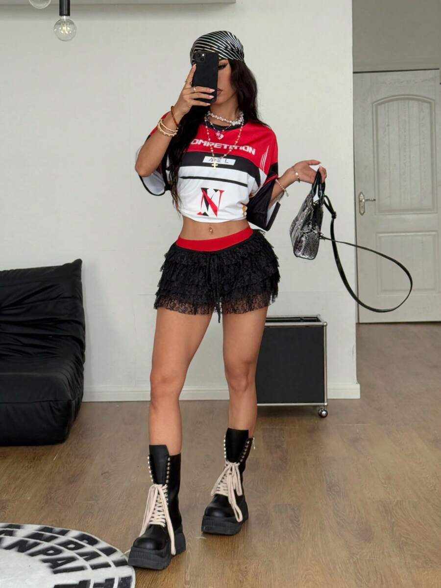 SHEIN EZwear 女士复古网眼蕾丝黑色半身裙