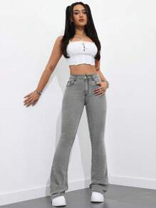 SHEIN Women's Casual Daily Slanted Pocket Denim Flare Pants - Light Grey - View 3