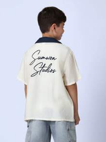 SUMWON Jugendlich Strandresort bestickte Knopfleiste Hemd, lässiges Sommercamp Reverskragen Küstenurlaub Kurzarm Top, leicht, Preppy Surf Stil - Weiss - Übersicht 2