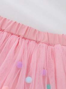 SHEIN Baby Girl Spring&Summer Cure,Casual Style Small Pompons Decoration Wesh Short Skirt - Pink - View 3