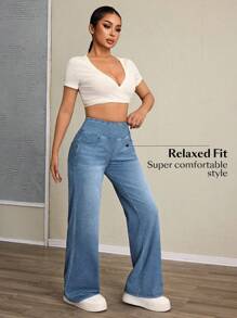 Flexra 女式高腰口袋阔腿宽松休闲百搭牛仔裤