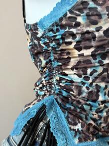 SHEIN EZwear 夏季乡村音乐会豹纹吊带背心，配蓝色蕾丝边 - 藍色 - 查看 4