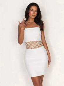 Glamine Luxe, met imitatieparels en strass versierde bodycon-slinky bandage mini-jurk voor dames, jurken voor dames, zomerjurken voor dames, witte jurken voor dames, mini-jurk,