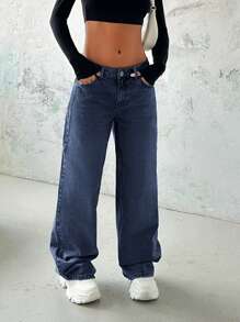 EURMUSE Women's Casual Washed Low-Waist Straight Leg Jeans - Dark Wash - View 4