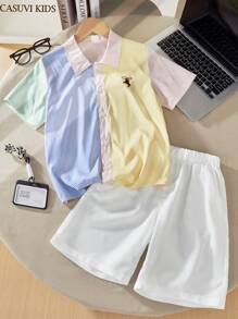 SHEIN Tween Boy Contrast Collar Polo Shirt And Shorts Set - White - View 8
