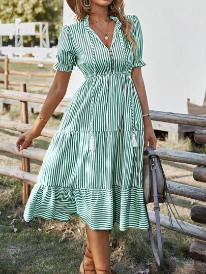 Breezaya Đầm Maxi Nữ Cổ Vuông Phối Tua Rua Tay Phồng Sọc Dọc Viền Xếp Ly