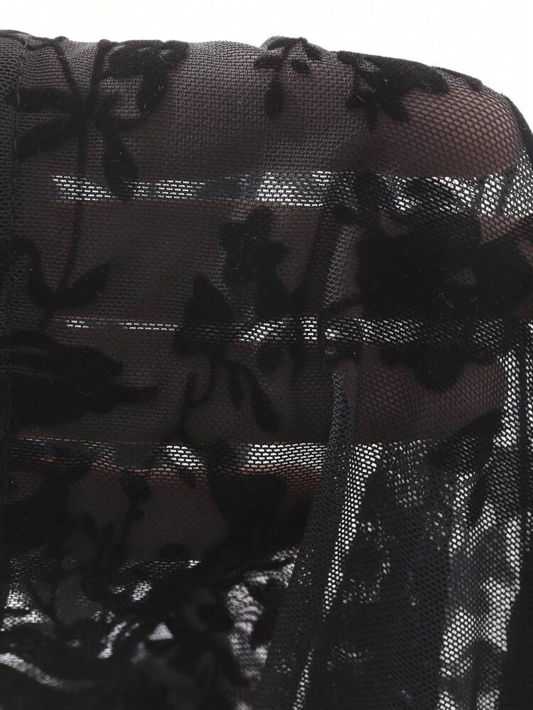 Floral & Botanical Print Sheer Lace & Mesh Flare Sleeve Blouse For Women Long Sleeve Women Tops,Fall Women Clothes