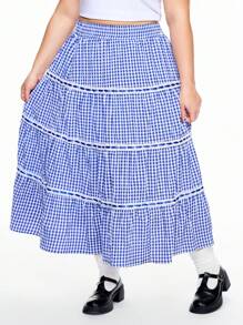 ROMWE Kawaii Conjunto de vacaciones para mujer con falda A-line plisada y con volantes, cinta a cuadros, talla grande