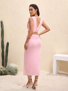 BY FELIZIA Pink Solid Color Ruched Deep V Neck Top & Slit Pencil Skirt Sexy Co-Ords For Women Romantic Two-Pieces For Summer Vacation - Pink - View 2