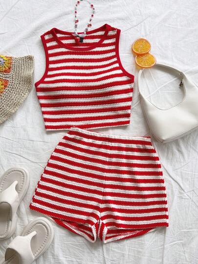 Soleia 2pcs/Set Women Vacation Holiday Red & White Knitted Jacquard Tie Front Crop Tube Top And Elasticated Waist Shorts Set,Summer Sets