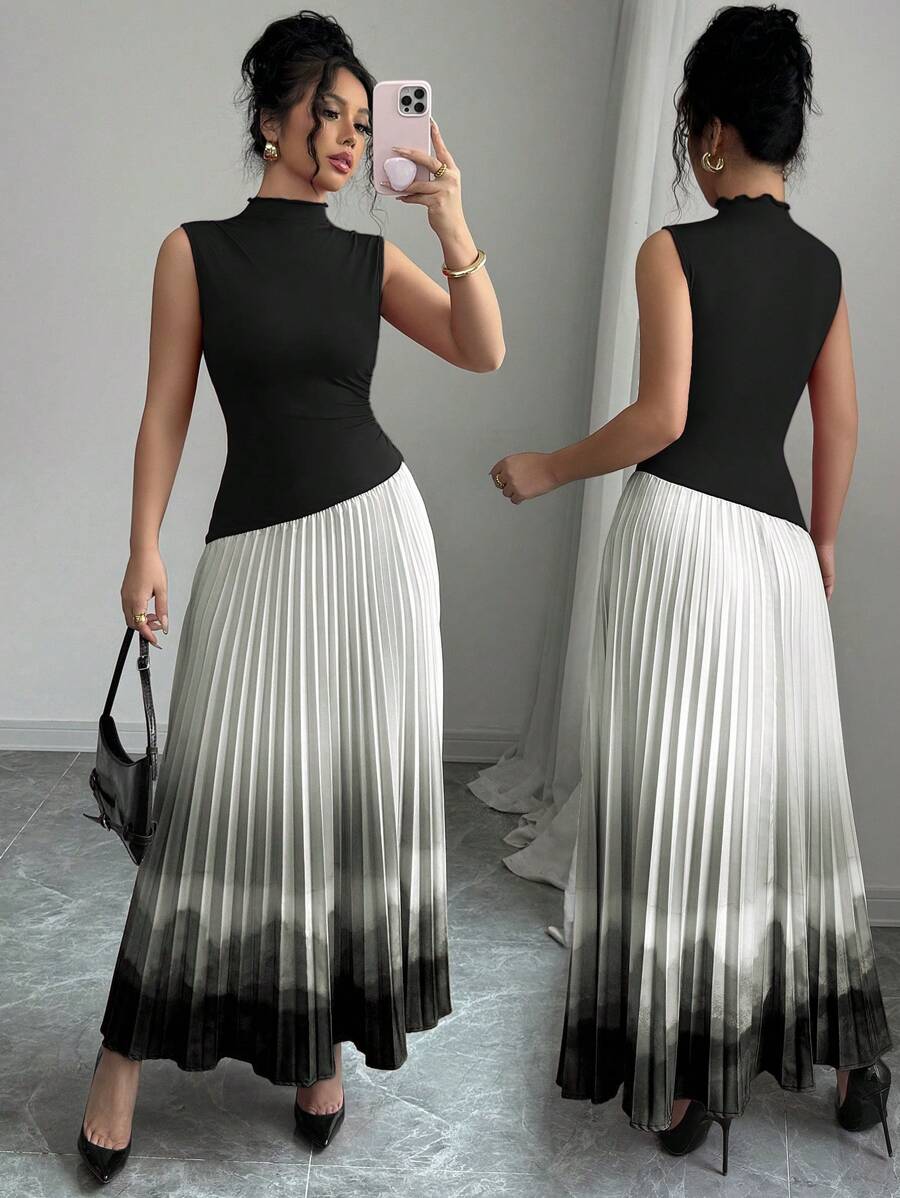 Elenzga 女士优雅褶皱长款印花连衣裙，适合派对、约会、情人节、狂欢节、复活节、中国新年、红色、粉色、不对称拼布设计、无袖扎染连衣裙，适合夏季 - 黑色 - 查看 1