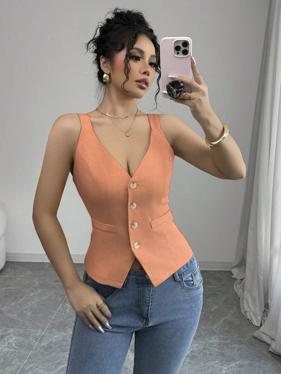 Selianne Áo ba lỗ cài nút phía trước màu trơn đơn giản cho nữ, mùa hè - trái cam - Xem 1